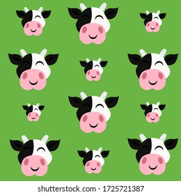 Cow head cute animal vector. seamless pattern. with green background and different size