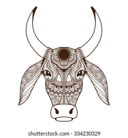 Cow head decorated with zentangle ornament