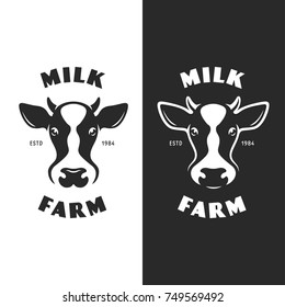 Cow head emblem logotype label. Milk farm company badge. Cow silhouette on white and black background. Vector vintage illustration.