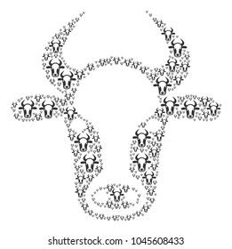 Cow Head figure done in the collection of cow head design elements. Vector iconized collage made with simple icons.