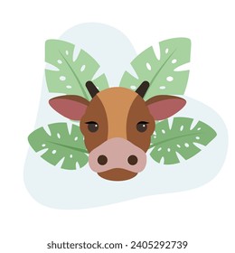 Cow head  flat vector Illustration Icon decorated with leaves for web use for dairy, milk, farm, animals.