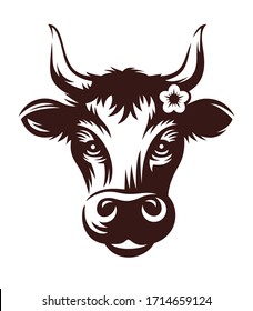 Cow head with flower vector illustration one color on a white background