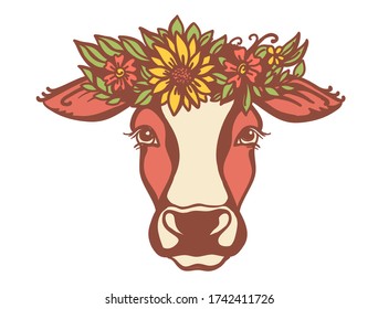 Cow head with flower wreath. Color vector illustration isolated on white. Country Farm animal. Cow portrait printable file