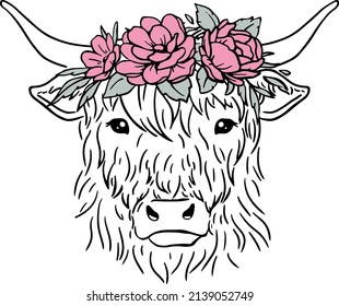 Cow head and flower wreath  Highland heifer face and house sign and meadow flowers  Decor for the nursery  T  shirt print  Farmhouse style  Farm animals  Pet portrait  Cowboy   country girl 