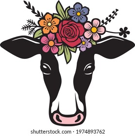 Cow head with flowers color vector