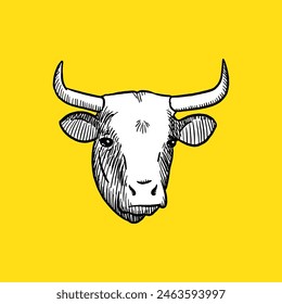 Cow Head From Front. Sketch, Drawing Style. Vector