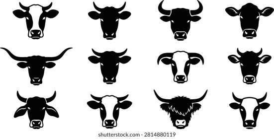 Cow Head Front View Silhouette Vector Collection Cattle Dairy Farming Logo
