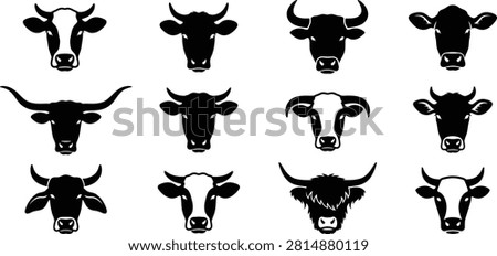 Cow Head Front View Silhouette Vector Collection Cattle Dairy Farming Logo
