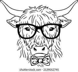 Cow head with glasses and tie. Hipster Highland face neck bow sign. Decor for the nursery. T-shirt print. farmhouse style. farm animals. pet portrait. Cowboy country fashion.
