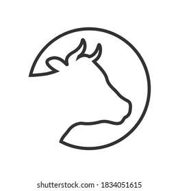 Cow Head Graphic Icon. Cow Head Contour  In The Circle Isolated On White Background. Cattle Symbol. Logo. Vector Illustration