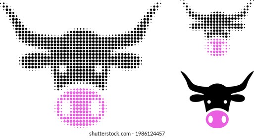 Cow head halftone dotted icon. Halftone pattern contains circle dots. Vector illustration of cow head icon on a white background.