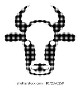 Cow Head halftone vector pictogram. Illustration style is dotted iconic Cow Head icon symbol on a white background. Halftone pattern is circle spots.