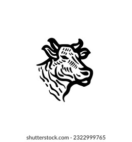 Cow Head Hand Draw Logo Design Vector Illustration