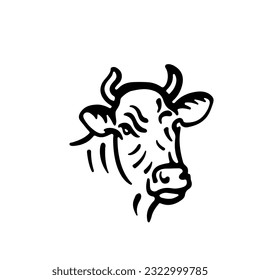 Cow Head Hand Draw Logo Design Vector Illustration