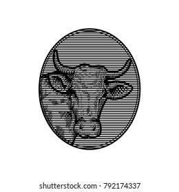 Cow head. Hand drawn sketch in a graphic style. Vintage vector engraving illustration for poster, web. Isolated on white background.