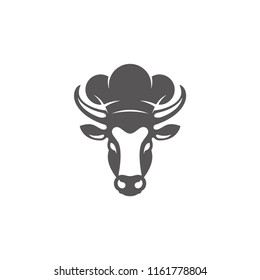 Cow head with hat silhouette vector illustration. Farm animal or butcher shop graphics isolated on white background.