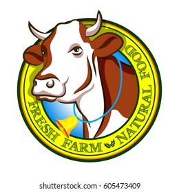 Cow head with horn and ring bell on neck, farm domestic animal as rural or healthy natural fresh food sign, cattle or agriculture logo or icon. Beef or steak banner, butchery, organic nutrition theme