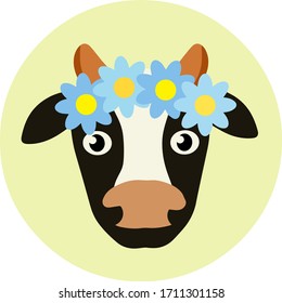 Cow. Head of horned animal. Icon of Cattle and farm. Funny bull in a wreath of blue flowers. Village element. Countryside logo.