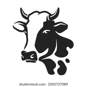 Cabeza de vaca con logo de cuernos. Granja lechera, emblema o símbolo de la leche. Ilustración vectorial de dibujo monocromo simple