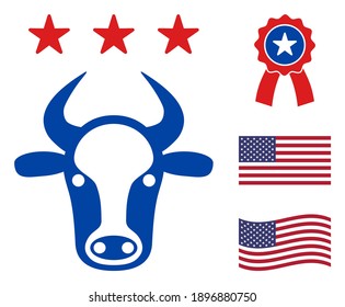 Cow head icon in blue and red colors with stars. Cow head illustration style uses American official colors of Democratic and Republican political parties, and star shapes. Simple cow head vector sign,