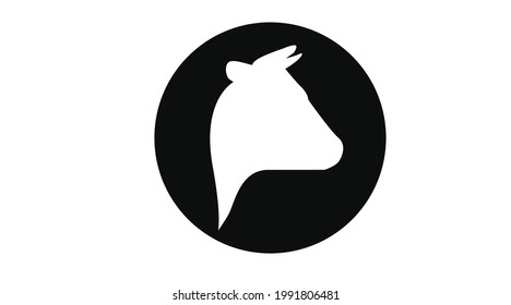 Cow head icon. Bovine symbol. Vector illustration of White silhouette of cow head in the black circle isolated on white background.