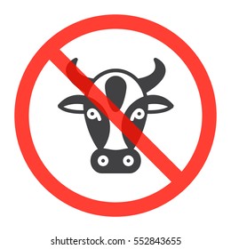 Cow head icon in prohibition red circle, No milk and lactose ban sign, forbidden symbol. Vector illustration isolated on white