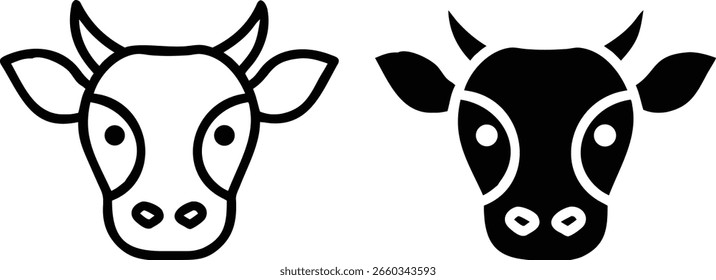 Cow Head Icon Set – Black and White Farm Animal Symbol for Dairy, Agriculture, and Nature Design