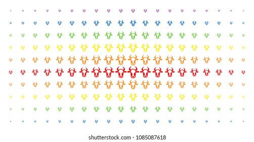Cow head icon spectral halftone pattern. Vector cow head objects are organized into halftone grid with vertical spectrum gradient. Constructed for backgrounds, covers,