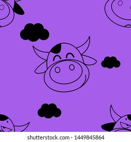 cow head icon that smiles and black clouds. seamless pattern. vector design