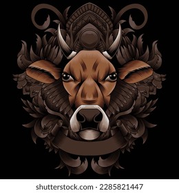 cow head illustration with baroque ornament