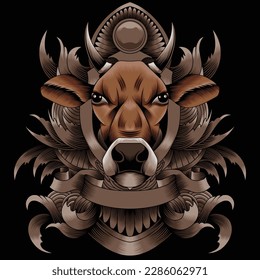 cow head illustration with baroque ornament