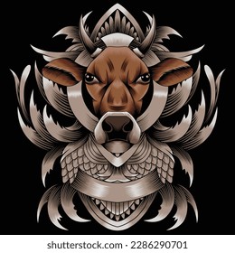 cow head illustration with baroque ornament