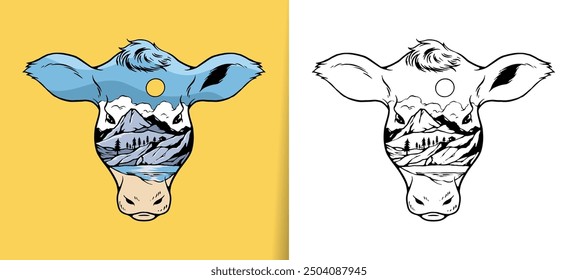 Cow head illustration. Hand drawn double exposure style clip art, sky landscape valley, and lake. Graphic for poster, tourism, merch, shirt