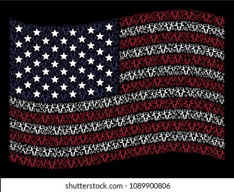 Cow head items are arranged into waving American flag stylization on a dark background. Vector concept of America state flag is constructed from cow head elements.
