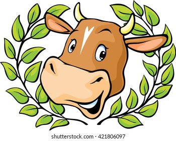 Cow head with in a  laurel wreath - vector