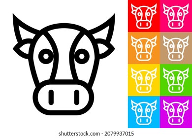 Cow Head. Line Icon With Different Color Background.