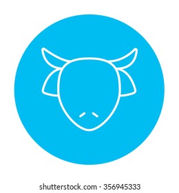 Cow head line icon for web, mobile and infographics. Vector white icon on the light blue circle isolated on white background.