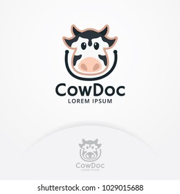 Cow head logo. Cartoon character cow with stethoscope for mascot or child logo, kindergarten. mobile app and more. Vector logo template