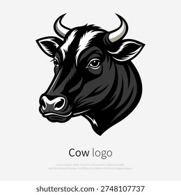Cow head logo icon isolated on white background. Black vector illustration of cattle farm animal in  modern style with detailed shading, perfect for agriculture, dairy farm branding, livestock design