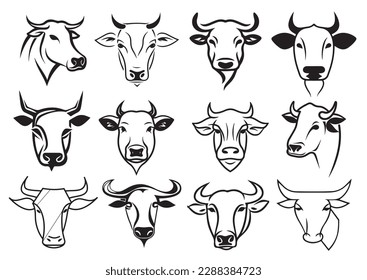 Cow head logo set sketch hand drawn illustration, Cattle