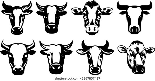 Cow head mascot variant set. Cattle logo. Farm animal illustration.