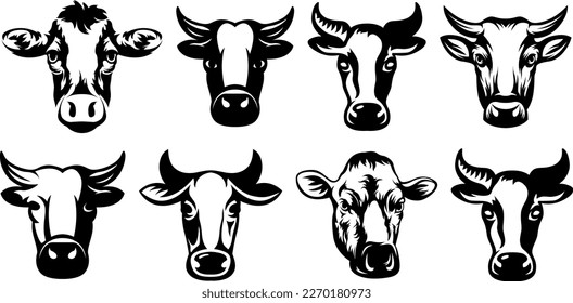 Conjunto de variantes de mascota de la cabeza de vaca. Logo del ganado. Ilustración de animales de granja.