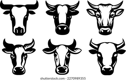 Cow head mascot variant set. Cattle logo. Farm animal illustration.