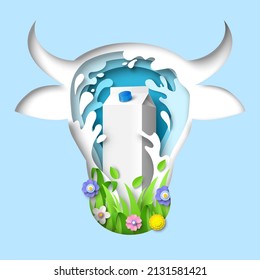 Cow head with milk carton box, splash and flowers, vector illustration in paper art style. Fresh milk and dairy products branding mockup, advertising.