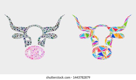 Cow head mosaic icon of triangle elements which have variable sizes and shapes and colors. Geometric abstract vector illustration of cow head.