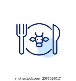 Cow head on plate, knife and fork. Butcher shop, steak shop, farmer meat. Pixel perfect, editable stroke vector icon