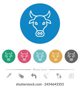 Cow head outline flat white icons on round color backgrounds. 6 bonus icons included.
