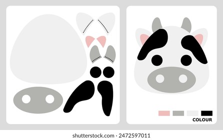 Cow head pattern for felt, applique, patchwork and paper craft. Vector illustration of a animal puzzle. cut and paste patterns for kindergarten crafts.