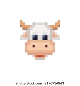 Cow head pixel art icon, isolated vector illustration. 8-bit sprite. Design for stickers, logo farm, mobile app. 