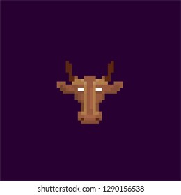 Cow head. Pixel art. Old school computer graphic. Element design stickers, logo, mobile app, menu. 8 bit video game. Game assets 8-bit sprite. 16-bit.